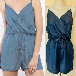 1250C Chambray Romper Blue Denim Jean Jumpsuit Shorts One Piece Boho Beachy Sz S